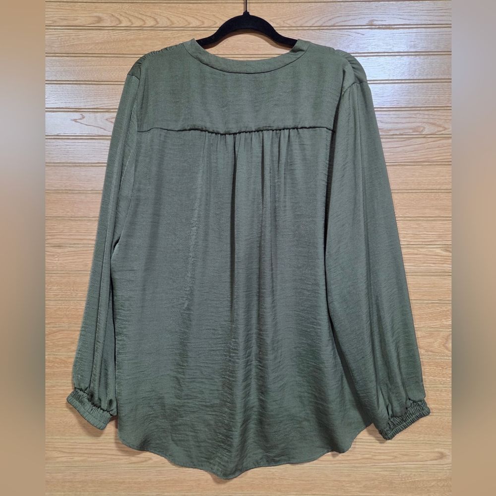 Alfani XL Olive Green Satin Look V-Neck Long Sleeve Blouse - Picture 3 of 6